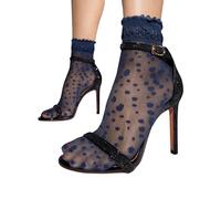sofsy Whisper-Light 20 Den Sheer Ankle Socks - Italian Polka Dot Mesh Nylons for Women Heels | Frilly Ruffle Band | Navy Blue - One Size