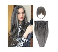 Soft 10Pcs Ombre Grey Clip in Hair Extensions with Bangs Thick Silky Straight Remy In 14 18 24 Inch Real Human Long(18In(140g 10pcs))