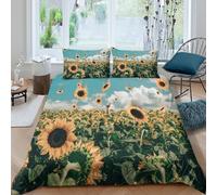 Soft 3D Microfiber Sunflower field Comforter Cover Breathable Bedding Set w/ Pillowcases Nature style_ Quilt Cover All Season Easy Care Machine Washable for Bedroom Decoration King（220x240cm）