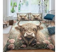 Soft 3D Print Microfiber Highland cow Duvet Cover Set All Season Bedding Set with Pillow Shams Vintage floral Style Bedding Quilt Cover Easy Care, Washable for Kids Teens Adults Double（200x200cm）