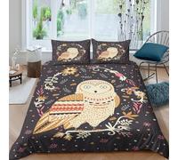 Soft 3D Print Microfiber Owl art design Bed Quilt Cover All Season Bedding Sets with Matching Pillowcase Bohemian floral style Duvet Cover Set Breathable, Easy Care, for All Double（200x200cm）