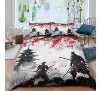 Soft 3D Print Microfiber samurai warriors Quilt Cover All Season Bedding Set w/ Pillowcases traditional japanese Comforter Cover Easy Care Breathable Washable for Kids Teens Adults Single（135x200cm）