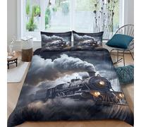 Soft 3D Print Microfiber Steam locomotive Bed Quilt Cover All Season Bedding Set w/ Pillowcase Vintage railway scene Duvet Cover Sets Breathable Machine Washable for Teens Adults King（220x240cm）