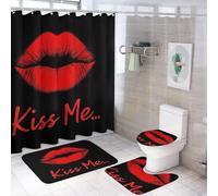 Soft and Cozy 4 Piece Non Fade Shower Stall Curtain + Black Red Lip Print Kiss Me Toilet Floor Rug + Contour Mat & Lid Cover Rubber Backing