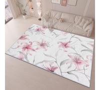 Soft Area Rug for Living Room Bedroom Dining Home Office Decor Carpet, Pink Lilies Floral Non Slip Rugs for Kids Bedside Room 80 x 150cm White