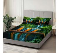 Soft Army Green Printed Fitted Sheets, Luxurious Double Fitted Sheet Set 30 cm Deep Pockets Surrealism Rainforest Parrots Breathable Easy Care Bedding for Kids Boys Girls 135 x 190 cm
