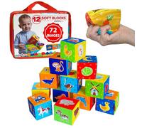 Soft Baby Blocks 3+ Months - Magdum - 12 Sensory Stacking Cubes for Babies - Soft Building Blocks with Animals Farm Sea & Fruits - Early Learning Toy for Fine Motor Skills - Safe Soft Infant Gift