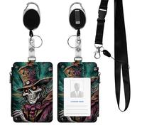Soft Badge Holder with Lanyard and Retractable Badge Reel, Skeleton Pal PU Leather Vertical ID Card Holder with Zipper Pocket 5-Slot Badge Protector Cover for Worker Nurses Teachers
