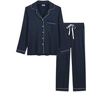 Soft Bamboo Viscose Pajama Sets for Women Button Down Long Sleeve Pj Pants Set Sleepwear(Navy Blue, XXL)