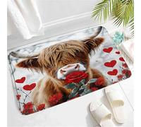 Soft Bath Mat Day Highland Cow Romantic Spring Red Roses Flower Love Heart Rustic Farmhouse Animal Front Doormat Rug 40×60cm for Indoor and Outdoor Entrances,Entrance,Balcony