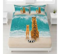 Soft Bedding Cold Washable Close-Up Tiger Cat Waves Fitted Sheet - Deep Pocket 12 inch (30cm) + Pillowcase with zipper - 360° Fully Enclosed fitted sheet - Turquoise, 120 x 190 cm