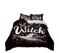 Soft Bedding Quilt Duvet Cover Set Black with Zipper Closure and Corner Ties, Halloween Magic Witch Printed Pattern Design - Microfiber Single