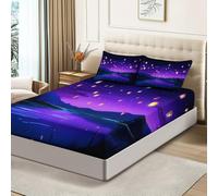 Soft Black Fitted Sheet, Nature Night Sky Lantern Lake Printed, Comfortable Delicate Touch, Easy Care Microfibre Fitted Sheet with Elasticated Corners, 90 × 190 cm, Shrinkage & Fade Resistant