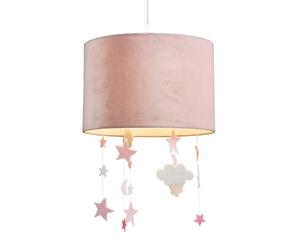 Soft Blush Pink Velvet Pendant Lamp Shade with Hanging Felt Fabric Stars and Clouds | 30cm Diameter | Lovely Addition to Childrens Bedroom by Happy Homewares
