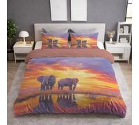 SOFT & BREATHABLE Duvet Cover Set With Zipper Closure - 230 x 230 + 2 x 50 x 80 - Dreamlike Elephants Reflections Sunset - Fluffy Bedding - Duvet Cover & Pillow Case Set - Orange
