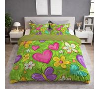 SOFT & BREATHABLE Duvet Cover Set With Zipper Closure - 240 x 260 + 2 x 50 x 80 - Cartoon Heart-Shaped Butterfly Fairy Tale - Fluffy Bedding - Fern Green - Duvet Cover & Pillow Case Set