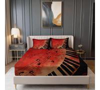 Soft Breathable Fitted Sheets Queen Size, Abstract Retro Musical Notes Theme Fade Resistant Fitted Sheets with Deep Pocket 30 cm, Red Black No-Iron Wrinkle Resistant Fitted Bed Sheets