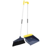 Soft Broom and Dustpan Kit with Long Handle, Blue Plastic | Slender Flexible Bristles, Stand up Design, Metal and PET Parts, Stable Dustpan for Home Cleaning