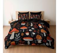 Soft Brushed Microfiber Cot-bed Bedding Set Duvet Covers with Zipper Closure & Corner Ties, Reversible Fantasy cute art mushrooms plants Pattern Quilt Covers, Jet Black
