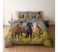 Soft Brushed Microfiber Cot-bed Bedding Set Duvet Covers with Zipper Closure & Corner Ties, Reversible Animals Horses Running Fields Freedom Pattern Quilt Covers, Lavender Gray