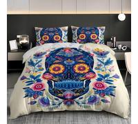 Soft Brushed Microfiber Day Of The Dead Skull Florals Duvet Cover, Single Size Single 53x79 inch Comfortable and Breathable Blue Bedding Sets 3 Pieces with Zipper Closure