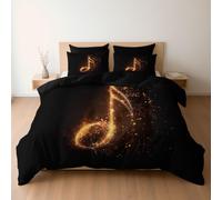 Soft Brushed Microfiber Double Bedding Set Duvet Covers with Zipper Closure & Corner Ties, Reversible Fantasy Sparks Musical Notes Pattern Quilt Covers, Black