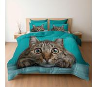 Soft Brushed Microfiber King Bedding Set Duvet Covers with Zipper Closure & Corner Ties, Reversible Animal Curious Kitten Table Pattern Quilt Covers, Aqua Teal