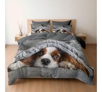 Soft Brushed Microfiber King Bedding Set Duvet Covers with Zipper Closure & Corner Ties, Reversible Animals Dog Cavalier King Charles Beagle Pattern Quilt Covers, Slate Blue Grey