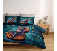 Soft Brushed Microfiber King Bedding Set Duvet Covers with Zipper Closure & Corner Ties, Reversible Music Musical Notes Exquisite Violin Pattern Quilt Covers, Ocean Blue