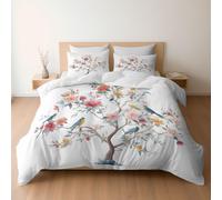 Soft Brushed Microfiber King Bedding Set Duvet Covers with Zipper Closure & Corner Ties, Reversible Watercolor Retro Flowers Trees Birds Pattern Quilt Covers, White