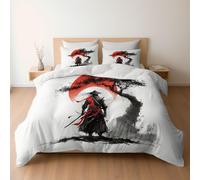 Soft Brushed Microfiber King Bedding Set Duvet Covers with Zipper Closure & Corner Ties, Reversible Watercolor Japanese samurai old tree sunset Pattern Quilt Covers, White