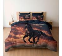 Soft Brushed Microfiber King Bedding Set Duvet Covers with Zipper Closure & Corner Ties, Reversible Wildlife Sunset Black Horse Running Pattern Quilt Covers, Slate Blue