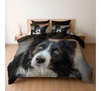 Soft Brushed Microfiber Super King Bedding Set Duvet Covers with Zipper Closure & Corner Ties, Reversible Animals Dog Portrait Border Collie Pattern Quilt Covers, Dark Brown