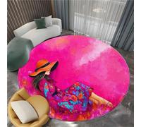 Soft Cartoon Girl Flower Fields Rug, Machine Washine Bedside Flannel Floor Pink Carpet - Short Pile Non Slip 60 cm Round Rugs for Living Room Bedroom
