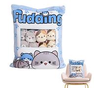Soft Cat Pillow, Yellow/Blue Cute Snack Pillow With 8 Removable Cat Dolls Plush Toy Pudding Pillow Cats Creative Cat Throw Pillow Decorative Animal Dolls for Bed Couch for Kids Family Friends