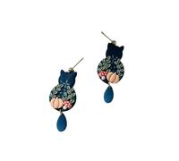Soft Clay Cat Drop Earrings for Women, Cottagecore Dark Blue Cat Mushroom Pumpkin Leaf Dangle Studs, Forest Vintage Cute Jewelry for Daily Picnic Dating Birthday
