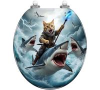 Soft Close Round Resin Toilet Seat Replacement, Funny Cat Riding Hilarious Shark Surfing Cool Beach Blue, Strong Stainless Steel Hinges Slow Close Bathroom Accessories