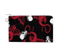 Soft Clutch Canvas Wallet, Women Zipper Makeup Bag Handbag Holder Purse for Coin Bills Credit Crash 7.4x4.6 in Print Seamless White Skull and Red Wing Flying Dragon on Dark Black