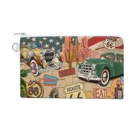 Soft Clutch Canvas Wallet, Women Zipper Makeup Bag Handbag Holder Purse for Coin Bills Credit Crash 7.4x4.6 in Print Route 66 Poster Blue, Yellow, Green Cars Motorcycle USA Flag