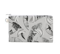 Soft Clutch Canvas Wallet, Women Zipper Makeup Bag Handbag Holder Purse for Coin Bills Credit Crash 7.4x4.6 in Print Seamless Black Grey Banana Leaves and Bananas on Grey