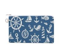 Soft Clutch Canvas Wallet, Women Zipper Makeup Bag Handbag Holder Purse for Coin Bills Credit Crash 7.4x4.6 in Print Vintage Blue Sea Voyage Anchor Steering Wheel Ship Lighthouse
