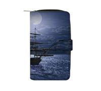 Soft Clutch PU Leather Wallet, Women Zipper Card Case Holder Purse for Coin Bills Credit Crash Money 7.8x4.3x1.4 in Print Lonely Sailboat in the Sea Against Full Moon Cloud Dark Blue