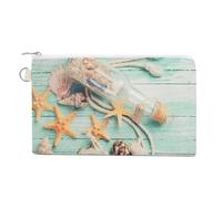 Soft Clutch Wallet, Canvas Zipper Makeup Bag Women Handbag Holder Purse for Bills Crash Credit Coin 7.4x4.6 in Print Marine Sea Objects Star Fishes Bottle on Turquoise Wood