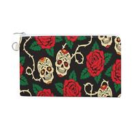 Soft Clutch Wallet, Canvas Zipper Makeup Bag Women Handbag Holder Purse for Bills Crash Credit Coin 7.4x4.6 in Print Seamless Sugar Skulls Red Roses Green Leaves