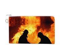 Soft Clutch Wallet, Canvas Zipper Makeup Bag Women Handbag Holder Purse for Bills Crash Credit Coin 7.4x4.6 in Print Two Firemen Silhouette Fighting a Fire of Burning Timber