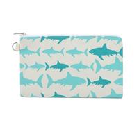 Soft Clutch Wallet, Canvas Zipper Makeup Bag Women Handbag Holder Purse for Bills Crash Credit Coin 7.4x4.6 in Print Turquoise Sharks Seamless Pattern Vintage Style