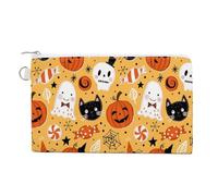 Soft Clutch Wallet, Canvas Zipper Makeup Bag Women Handbag Holder Purse for Bills Crash Credit Coin 7.4x4.6 in Print Orange White Halloween pumpkin ghost cat skull Seamless