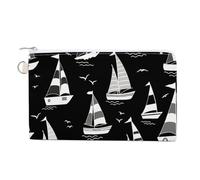 Soft Clutch Wallet, Canvas Zipper Makeup Bag Women Handbag Holder Purse for Bills Crash Credit Coin 7.4x4.6 in Print Marine Sailing Boats Waves Seamless On Black Dark