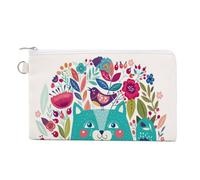 Soft Clutch Wallet, Canvas Zipper Makeup Bag Women Handbag Holder Purse for Bills Crash Credit Coin 7.4x4.6 in Print Turquoise Cats Birds and Flowers Art Pattern