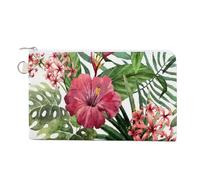 Soft Clutch Wallet, Canvas Zipper Makeup Bag Women Handbag Holder Purse for Bills Crash Credit Coin 7.4x4.6 in Print Seamless Watercolor Green Hawaii Plants Red Flower